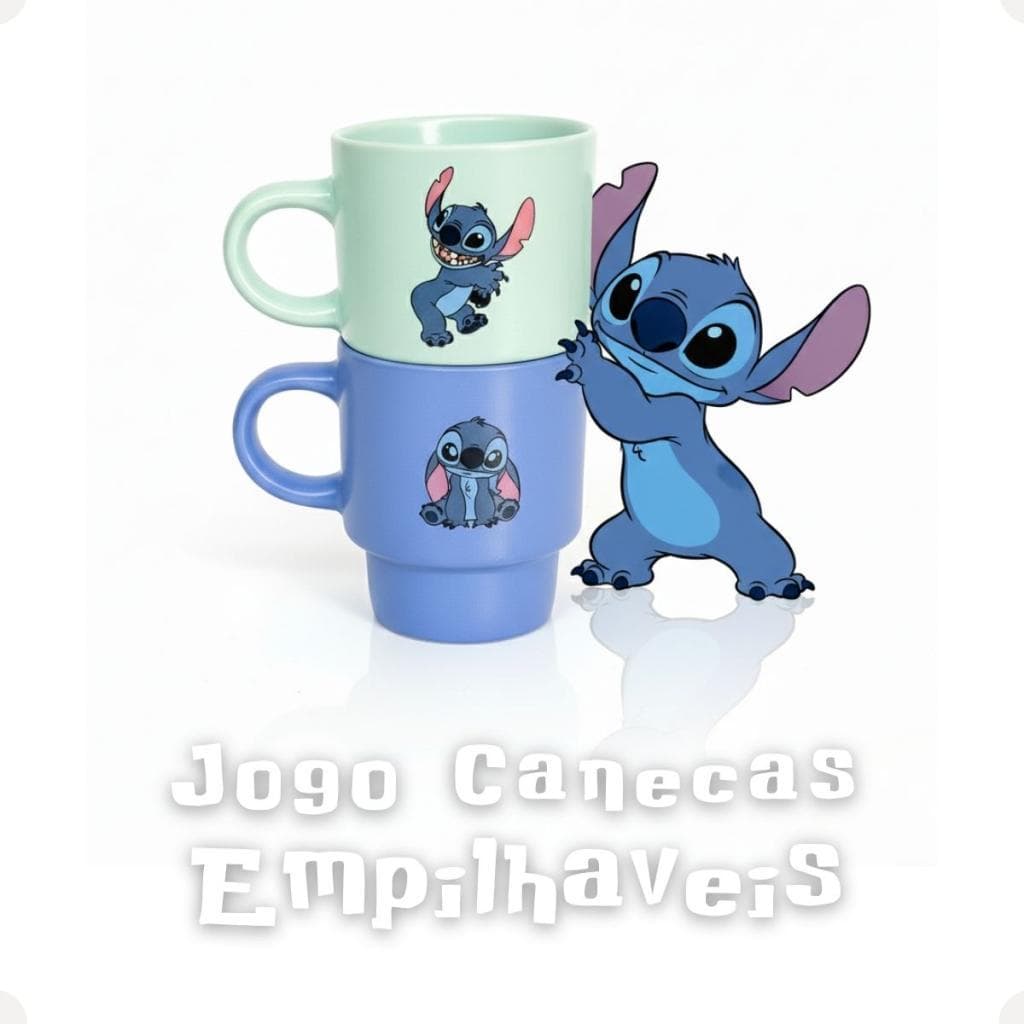 Canecas Empilháveis 150ml Stitch Kit 2 Peças Cerâmica Disney Zona Criativa Ohana Café Presente Fofo