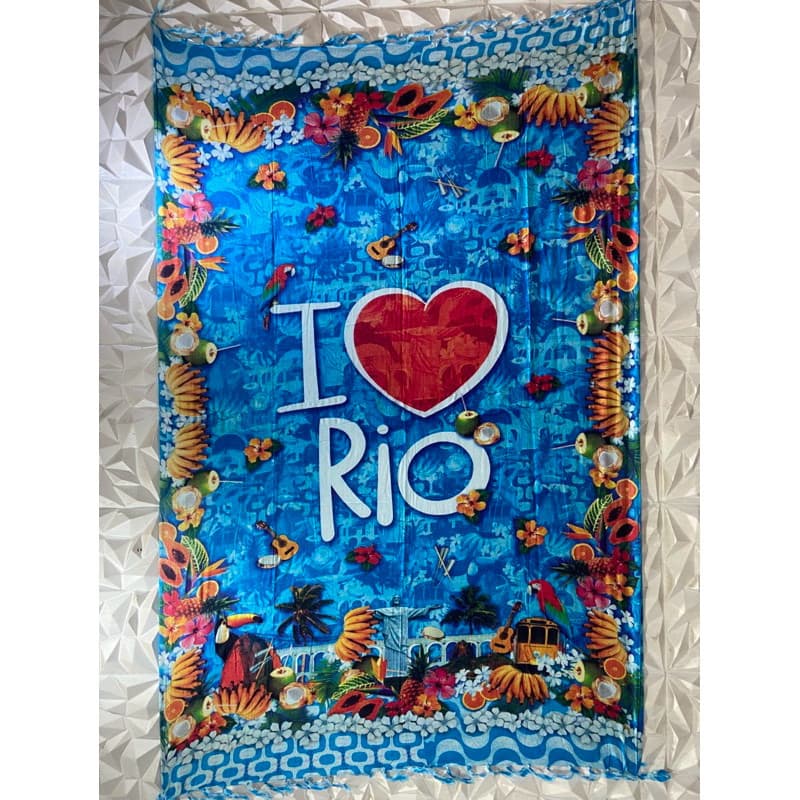 Canga de Praia Rio de Janeiro turística Fundo Azul Tecido em Viscose Tendência lançamento Verão
