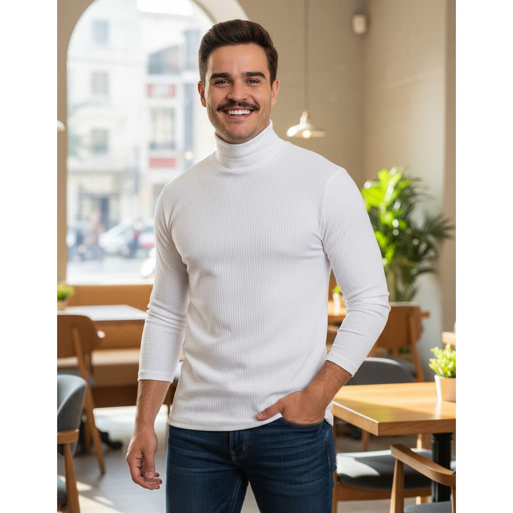 Blusa Masculina Térmica Gola Alta Canelada | Suéter Fino Justo | Gola Rolê Elegante