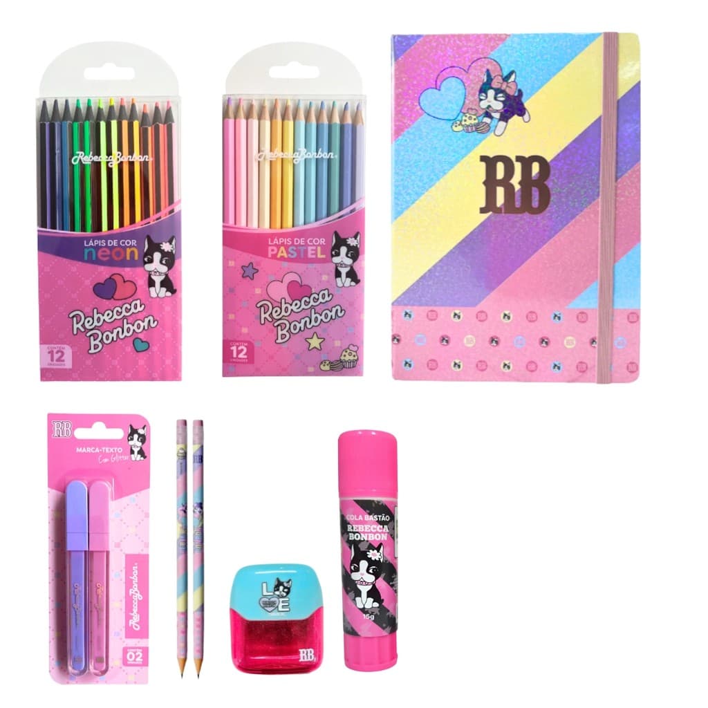 Kit Rebecca Bonbon Caderno Escolar Lápis Pastel e Neon Grifa - Texto Apontador Jumbo Cola Bastão Volta Às Aulas Skypaper