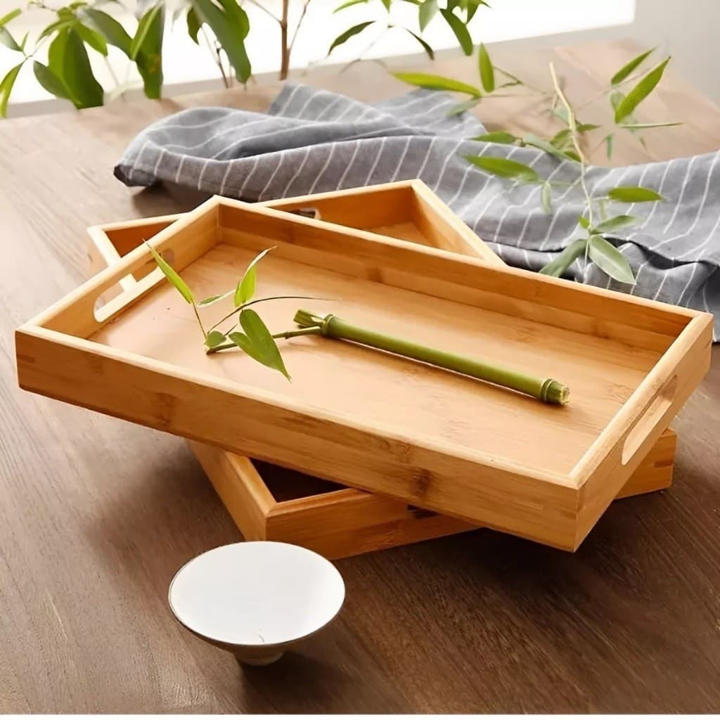 OFERTA Bandeja Retangular De Bambu 46x33Cm E 40x28Cm Com Reto Ou Arco Ou 33x22Cm E Alça Reta Top Útil