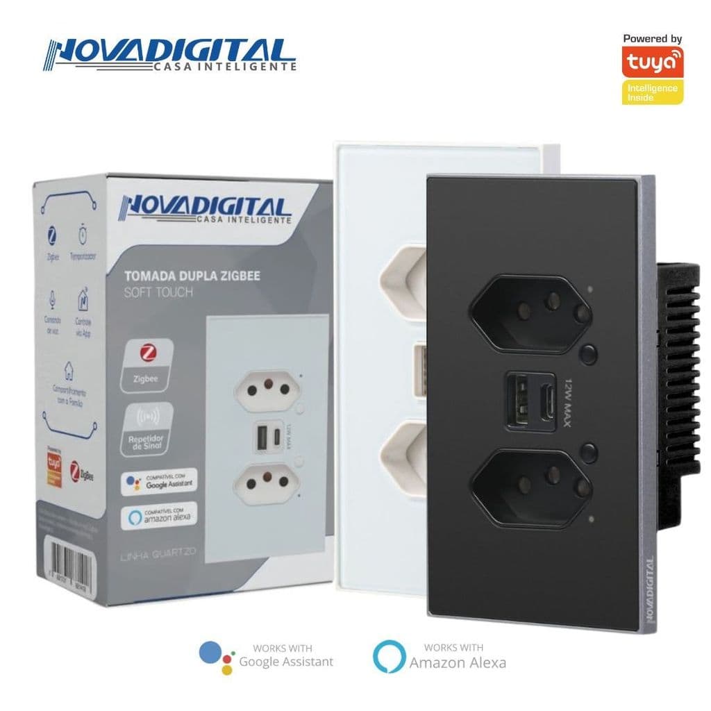 Tomada Dupla Inteligente USB e USB-C Soft Touch Quartzo Zigbee Nova Digital 4x2