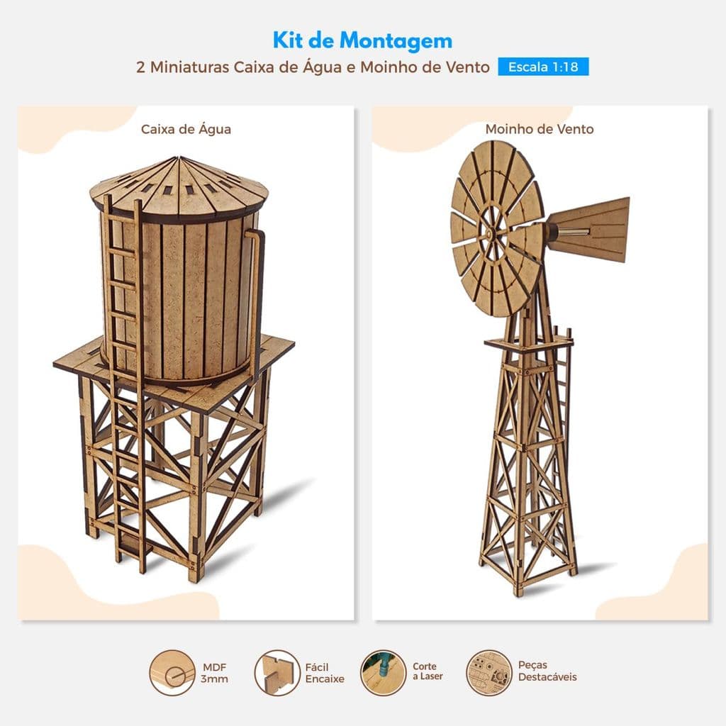Kit Miniaturas Caixa de Água e Moinho de Vento 1:18 Maquete Fazenda Diorama Cenário Rural Puzzle 3D