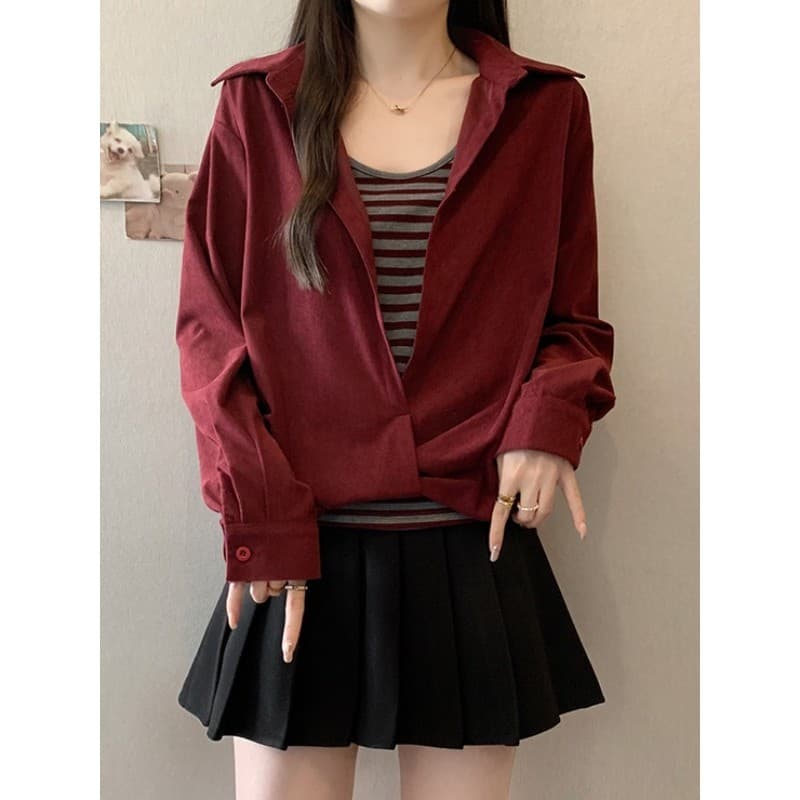 Tamanho grande gordura mm vinho vermelho camisa de manga comprida feminina início do outono 2026 novo estilo exclusivo l