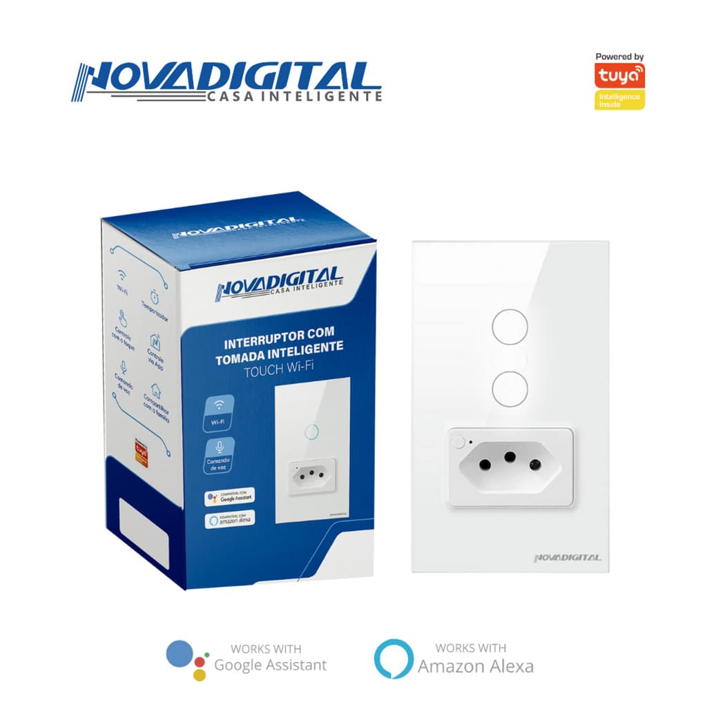 Interruptor 2 BotõesTouch Tomada 20A Wi-Fi Inteligente NovaDigital BRANCO IT-WK-02-W