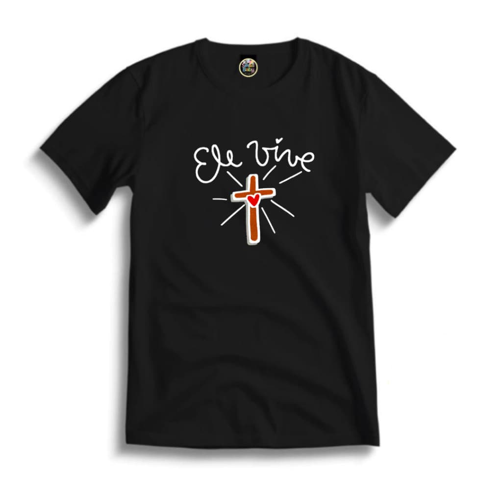 Camiseta Infantil Juvenil Unissex Cristã Ele Vive Cruz Estampado