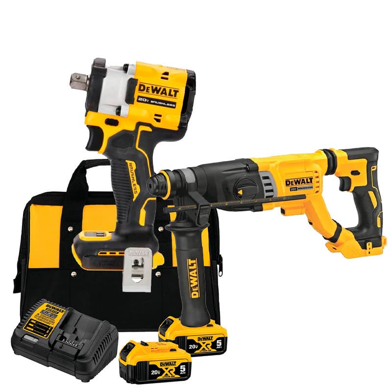 Chave de Impacto 1/2" 20V DCF922B + Martelete DCH263B + Kit 2 Baterias 5A + Carregador + Bolsa DCB205C2K-BR Dewalt