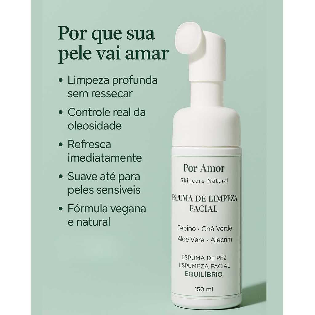 Espuma Facial Natural Pepino Chá Verde Aloe – Limpeza Pele Oleosa e Sensível 150ml Vegana