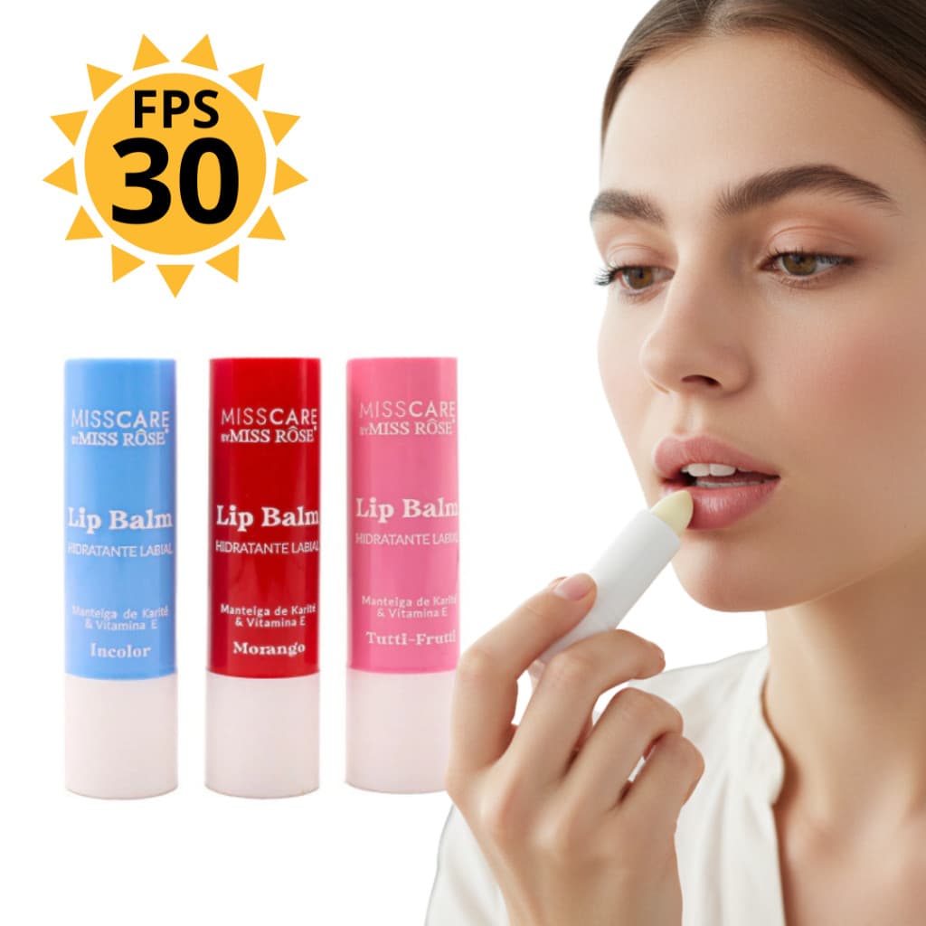 Lip Balm Hidratante Labial Miss Rose FPS 30 – Morango • Tutti Frutti • Incolor • Com Vitamina E