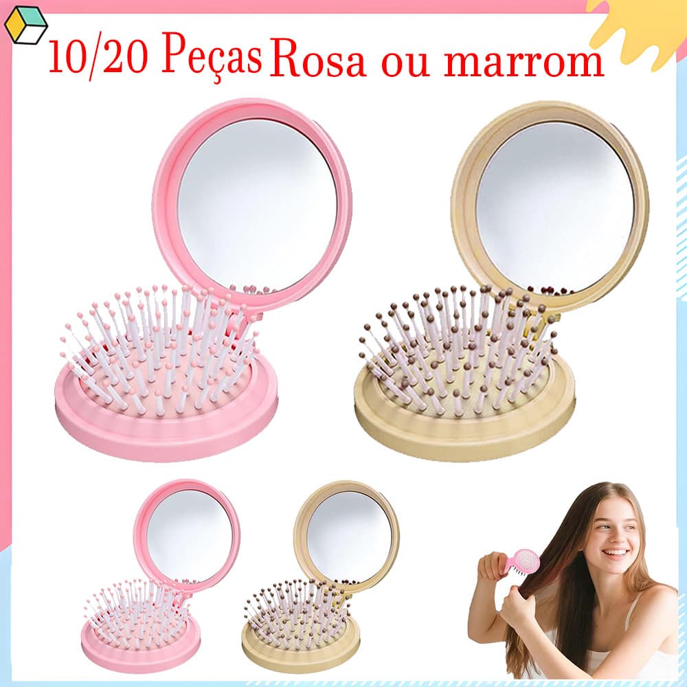 10/20 Pçs Escova de cabelo com espelho para bolsa, escova compacta dobrável com espelho para bolsa, portátil para viagem
