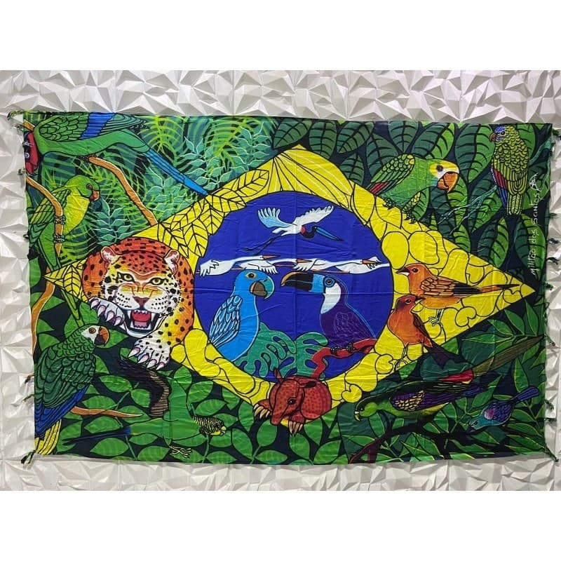 Canga De Praia Feminina Viscose Bandeira do Brasil Fauna Brasileira Onça Passaros
