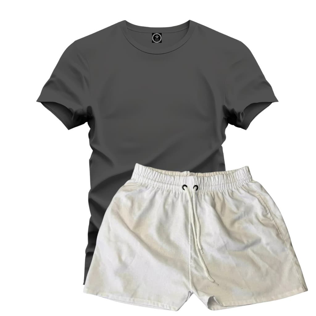 Conjunto Camiseta Lisa 100% Algodão 9 Cores + Short Linho Branco