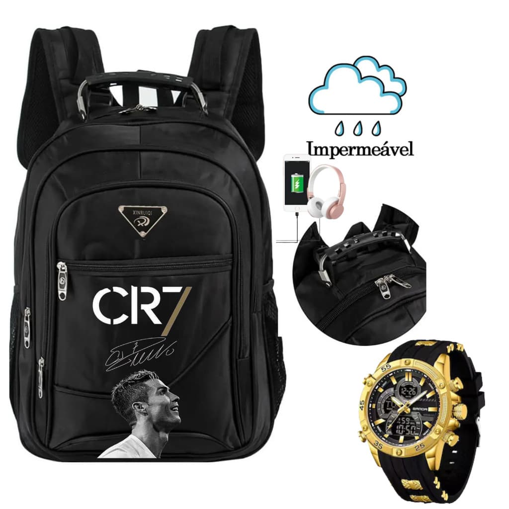 BOLSA MOCHILA ESCOLAR FACULDADE CRISTIANO CR7 +RELOGIO DOURADO OU GARRFA TERMICA