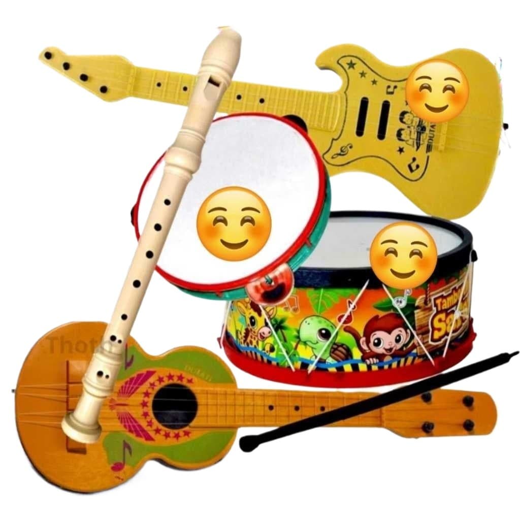 Kit Musical Infantil com 5 Instrumentos – Tambor, Violão, Guitarra, Pandeiro e Flauta