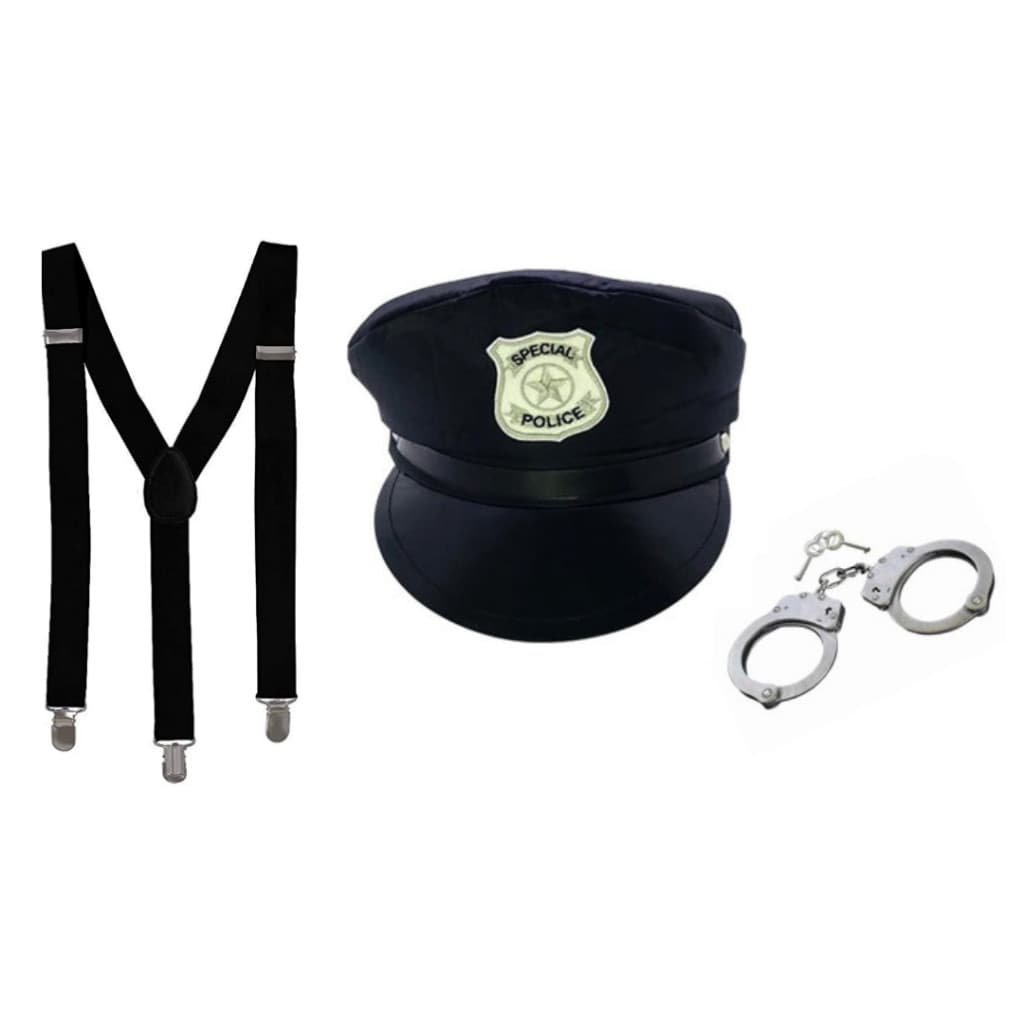 Kit Chapéu de Policia + Algema + Suspensório Fantasia Festa Carnaval