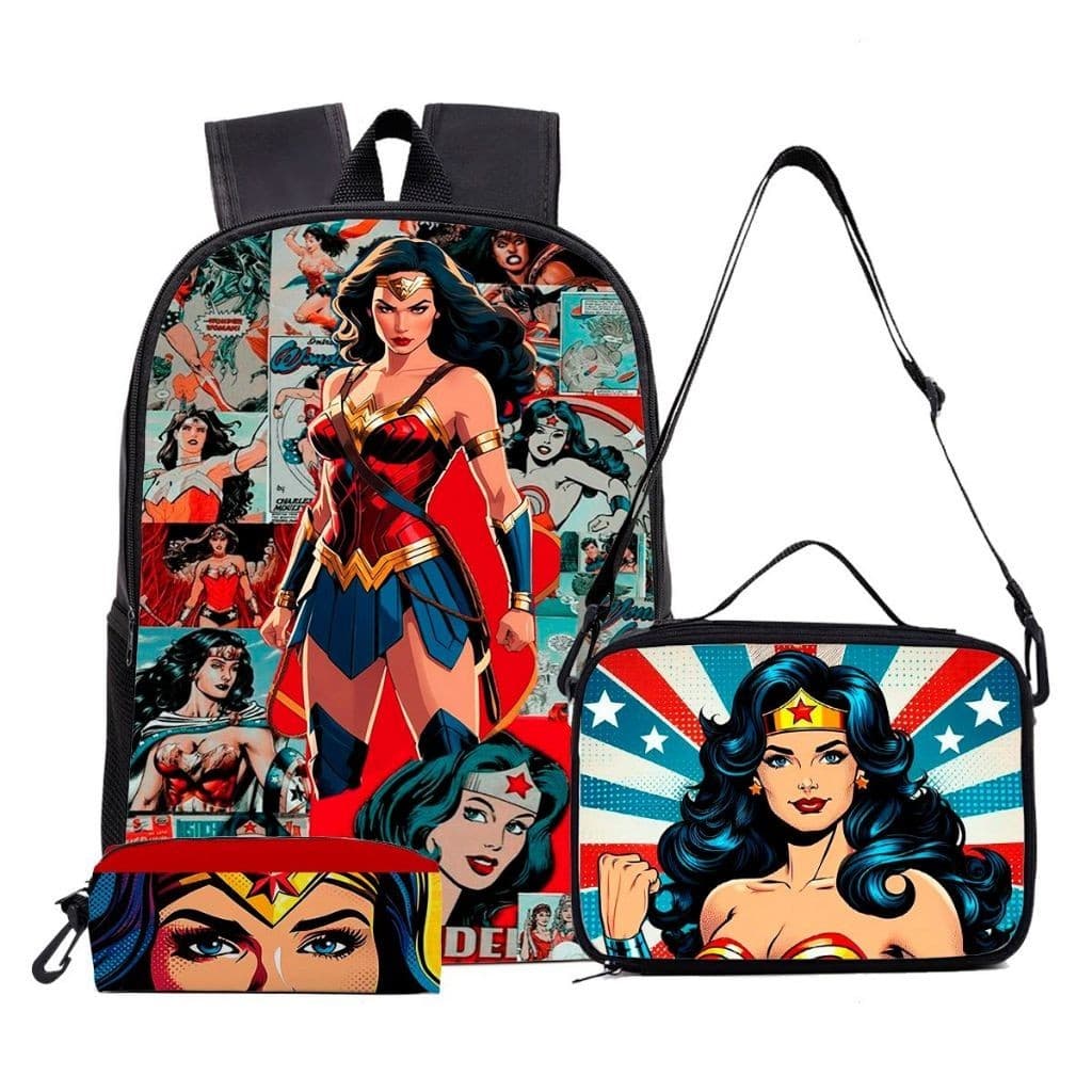 Kit Escolar Mulher-Maravilha – Mochila + Lancheira Térmica + Estojo | Volta às Aulas Heroína