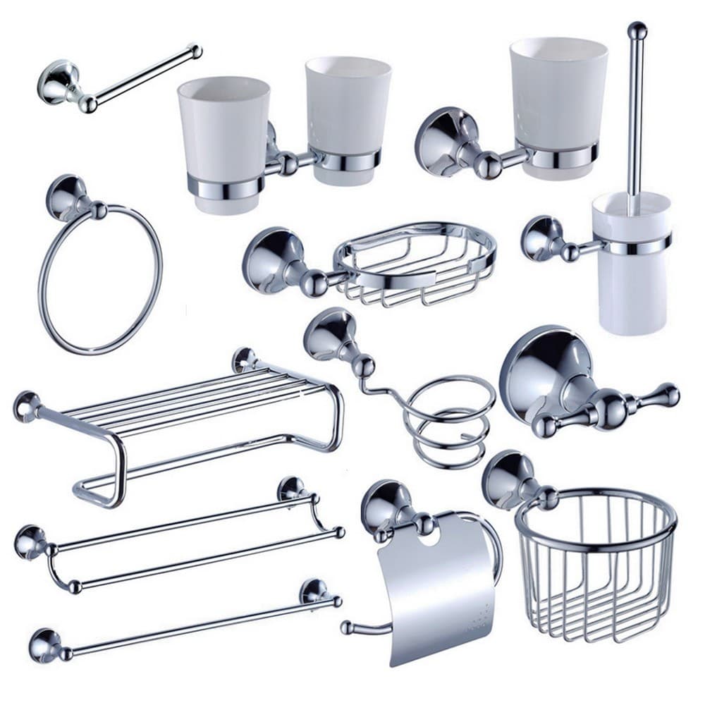 Conjunto De Hardware De Banheiro De Latão Cromado Suporte De Papel Higiênico/Gancho De Robe/Anéis De Toalha/Escova De Va