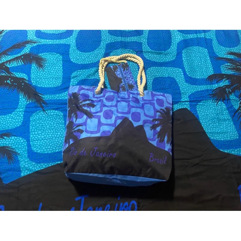 Bolsa de Praia Tecido Poliéster Cristo Redentor Fundo Azul Rio de Janeiro