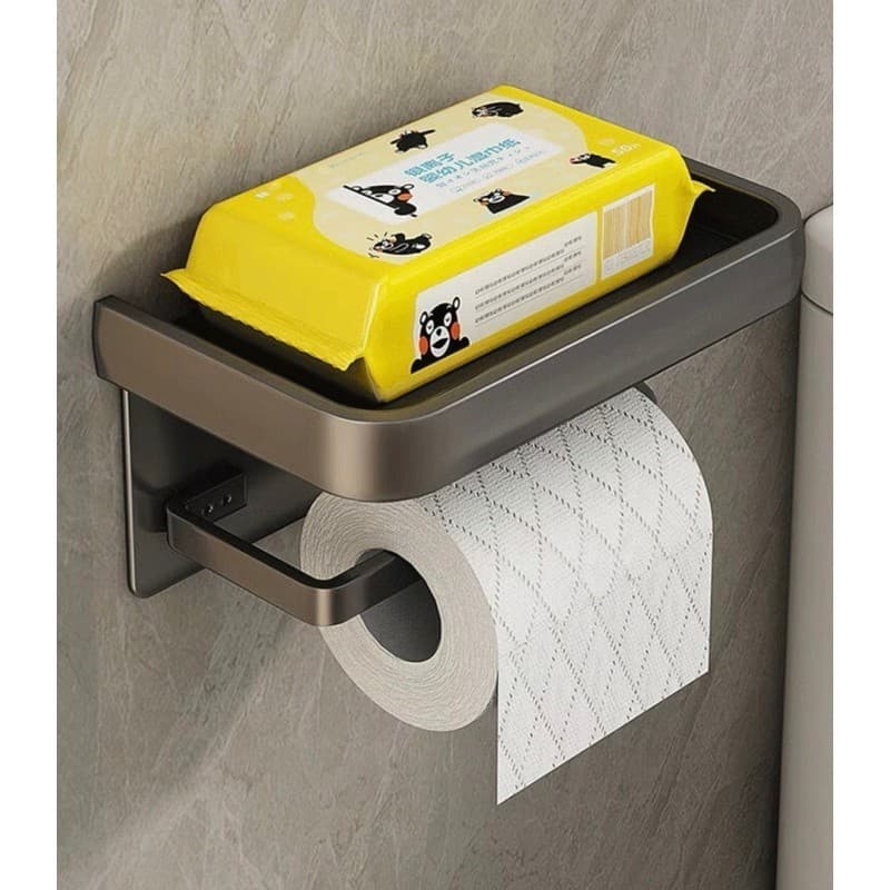 Suporte Banheiro Porta Papel Higiênico Preto de Parede com Prateleira para Celular e Acessórios