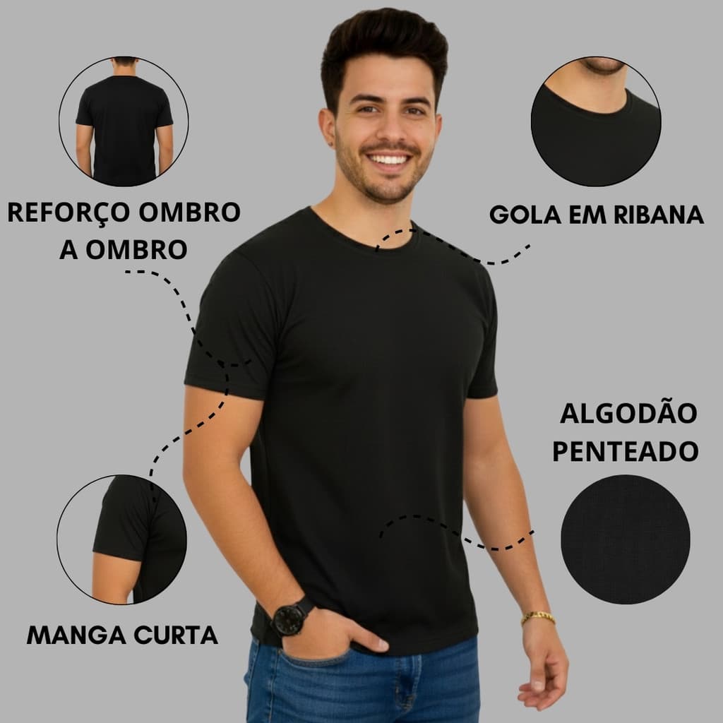Camiseta Básica Masculina Abelvolks Camisa Lisa Premium 100% Algodão 30.1 Penteado Gola de Ribana Reforço Ombro a Ombro
