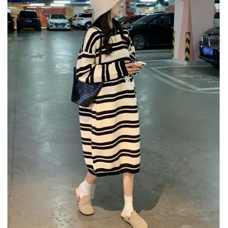 Plus Size roupas femininas gordura mm solto estilo preguiçoso listrado manga comprida saia de malha outono inverno novo