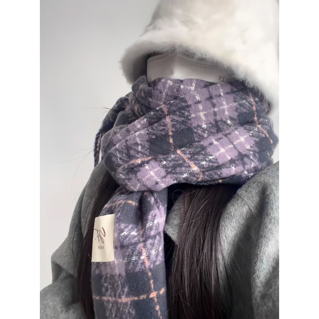 Cachecol feminino inverno moda Taro roxo High-End versão coreana All-Match xadrez xale macio ceroso Retro conforto