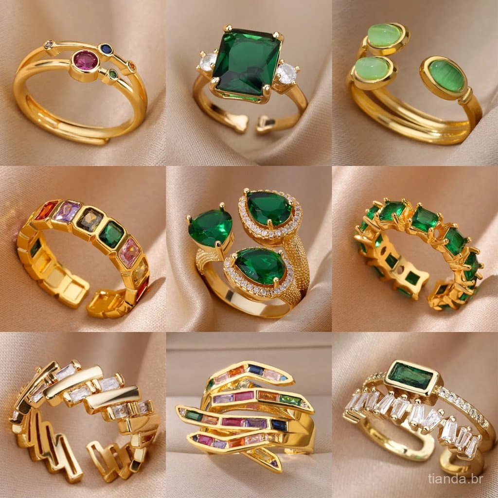 Anel Aberto de Zircônia Verde Estilo Banhado a Ouro 18K não irá descolorir Anel Verde Esmeralda