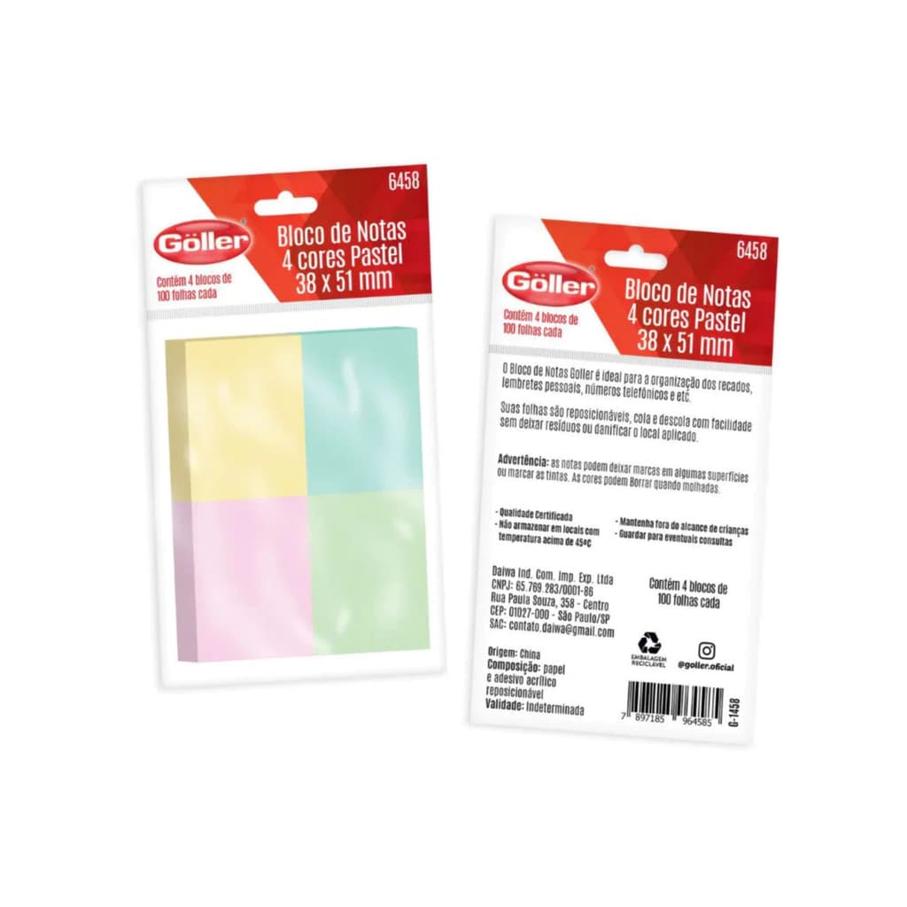 Kit Post It 4 Blocos Cores Pastéis 100 folhas cada - Göller