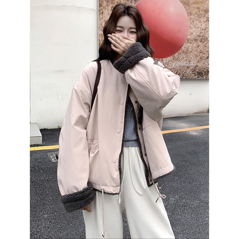 Jaqueta curta com costura de lã de cordeiro rosa inverno 2025 novo estilo Casual estilo japonês redução de idade estilo