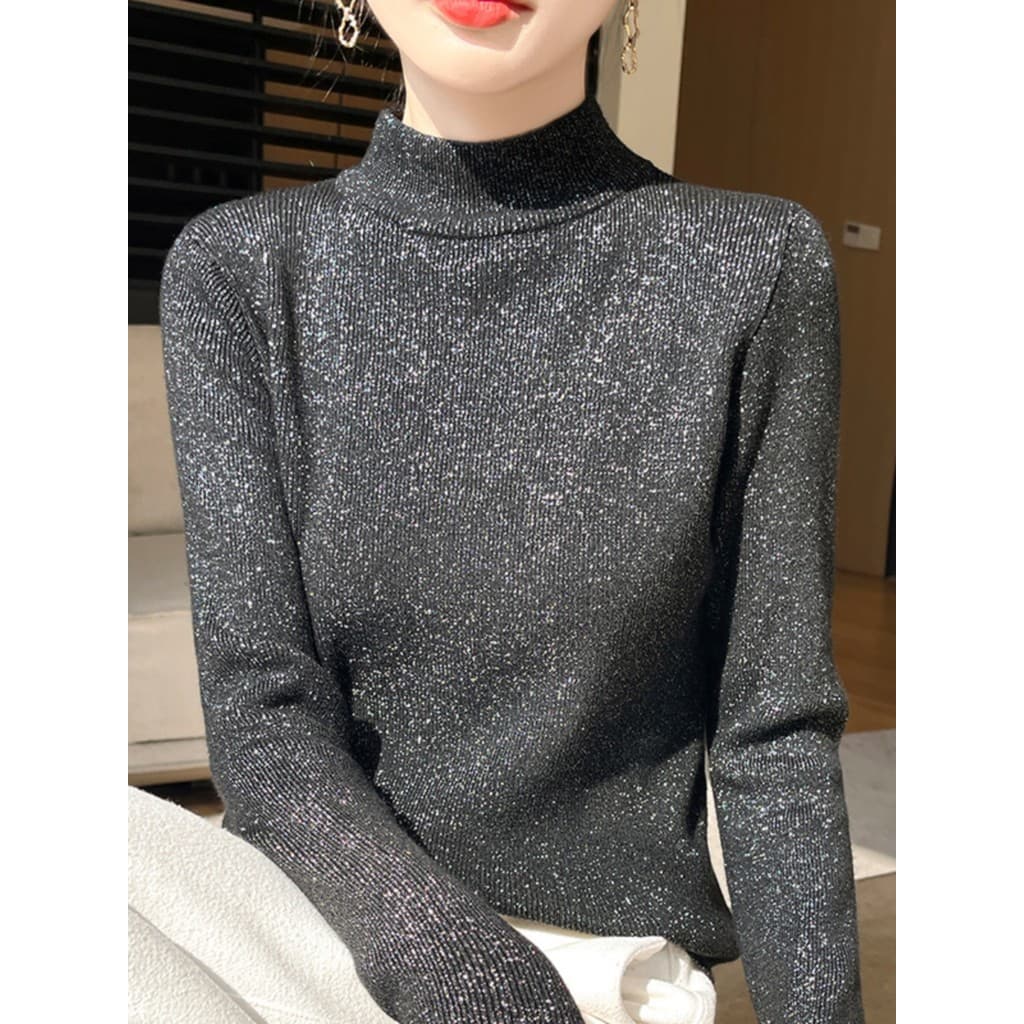 T elegante cheio de camisola de seda brilhante feminino outono inverno meia gola alta camisola magro-ajuste novo