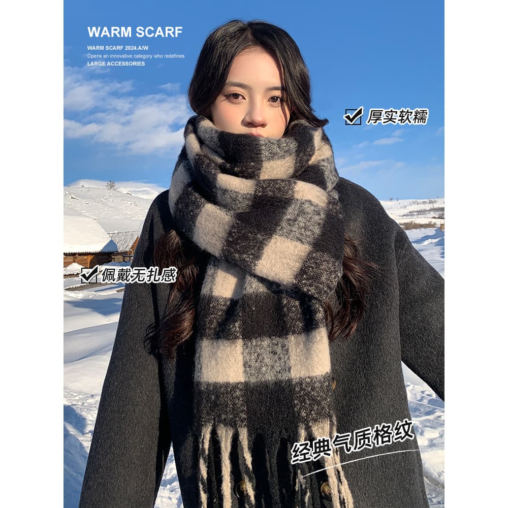 Preto branco xadrez cachecol feminino 2026 novo estilo outono inverno quente Retro All-Match cachecol estilo coreano Hig