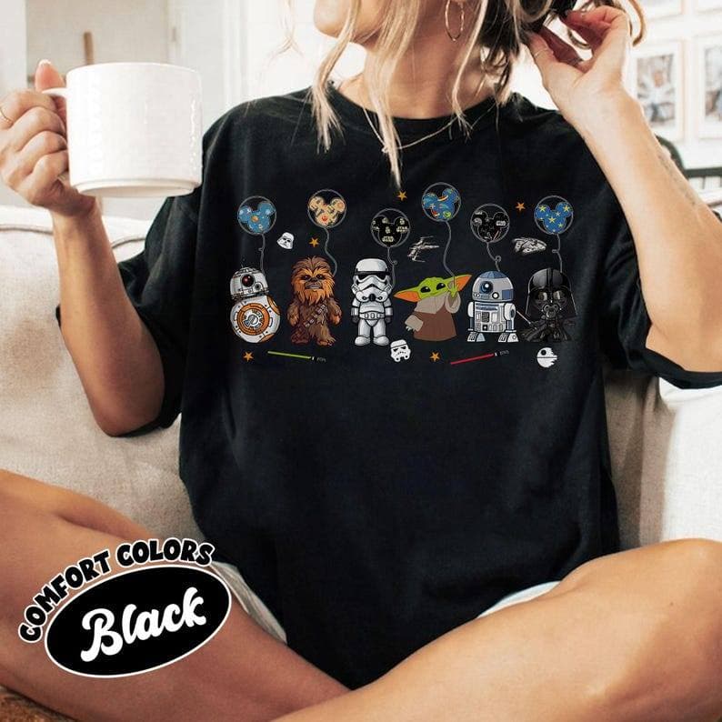 Camiseta Unissex Preta Oversized "Star Wars Coleção Personagens Chibi Estilo Fofo de Balão" Sci-Fi Tendência