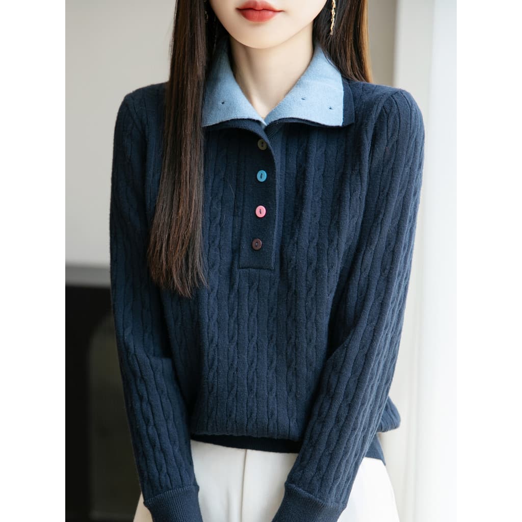 Falso de duas peças lapela camisola de fundo feminino solto interior versão coreana engrossado botão de moda meio aberto