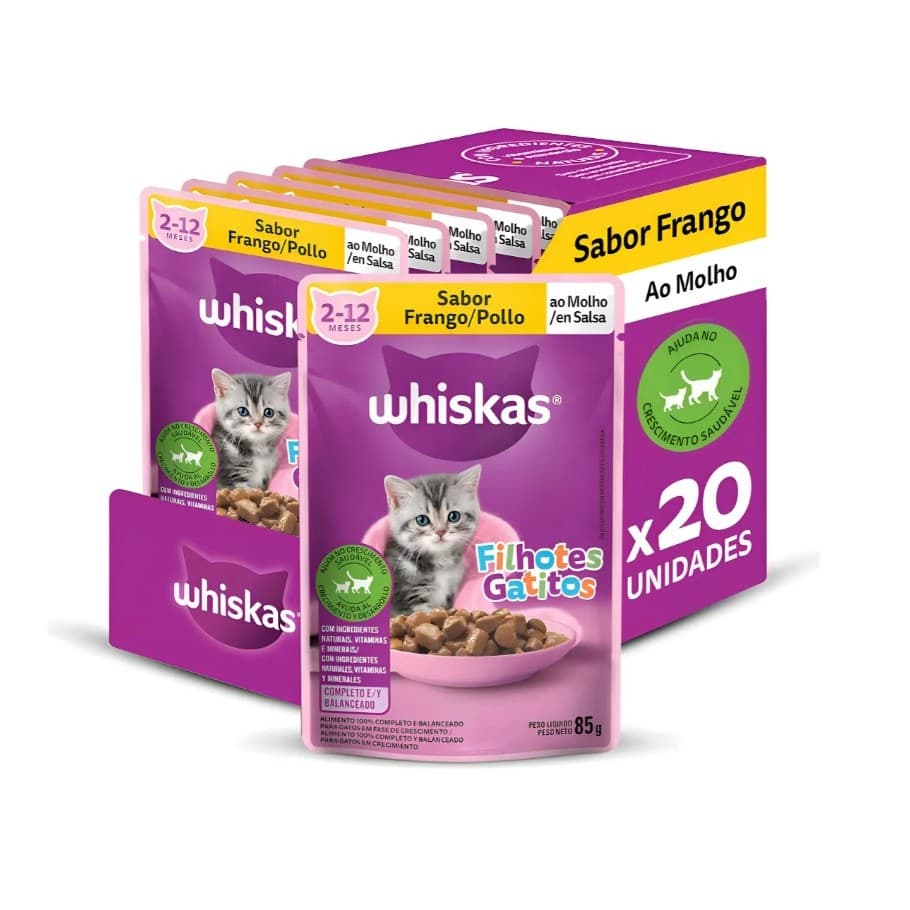 Kit 20 Sachês de Ração Úmida Whiskas para Gatos Filhotes sabor Frango ao Molho 85g