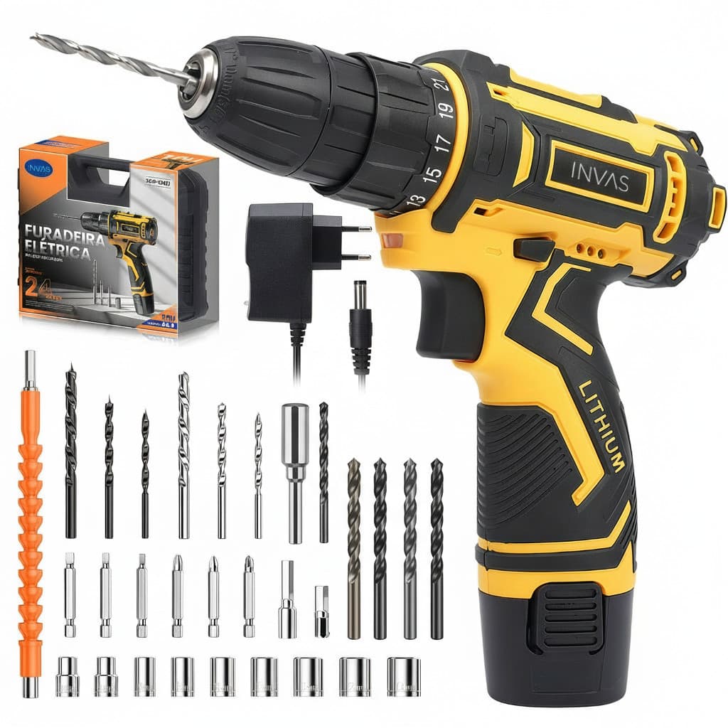 Furadeira Parafusadeira 12V com Kit 24 Itens – Mandril 3/8, Torque 23Nm e Bateria de Lítio