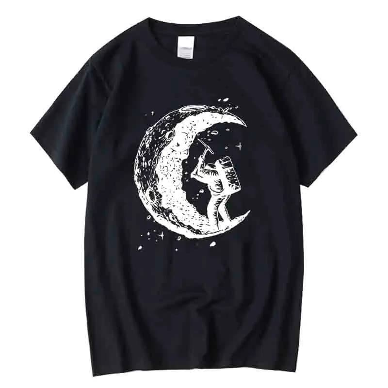 Algodão Masculino Retro Lua Trabalhando Homem Impressão Casual Verão Diário Casa Manga Curta Camiseta Masculina Rua Hip