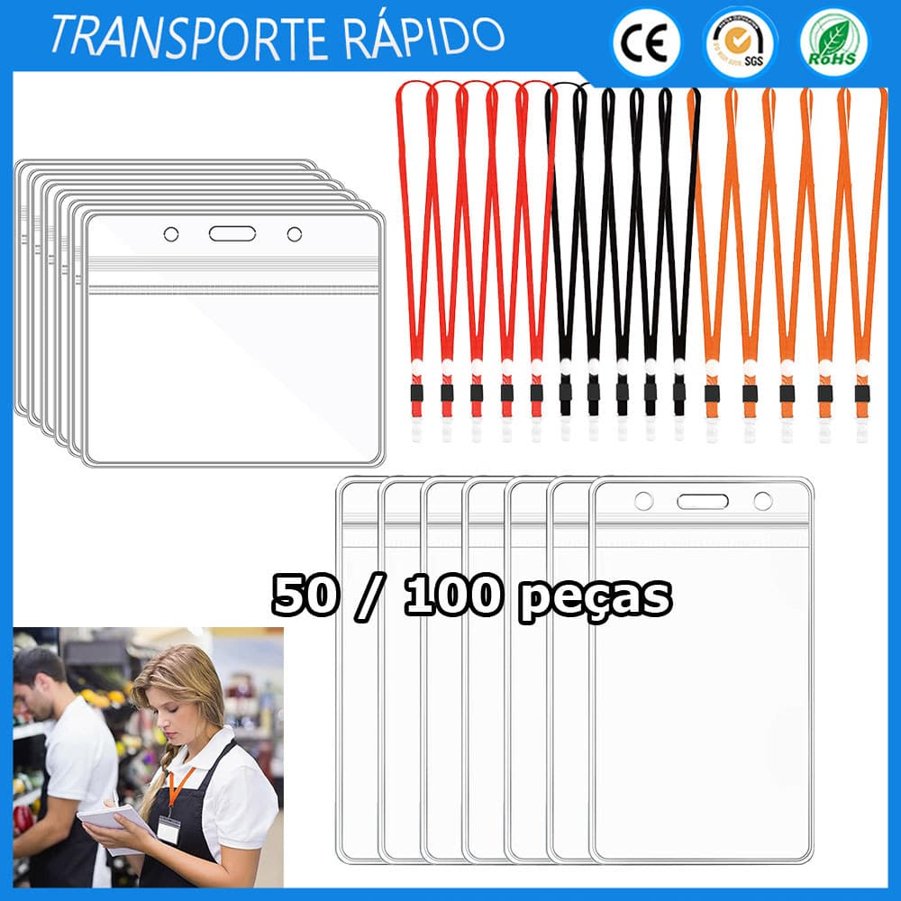 50/100 unidades Porta-crachá transparente em plástico com capa para cartão de identificação e clipe para cordão