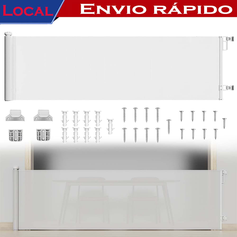 Portão retrátil para bebês 300x86cm Branco – para Cachorros e Gatos, Instalação sem Ferramentas, Durável