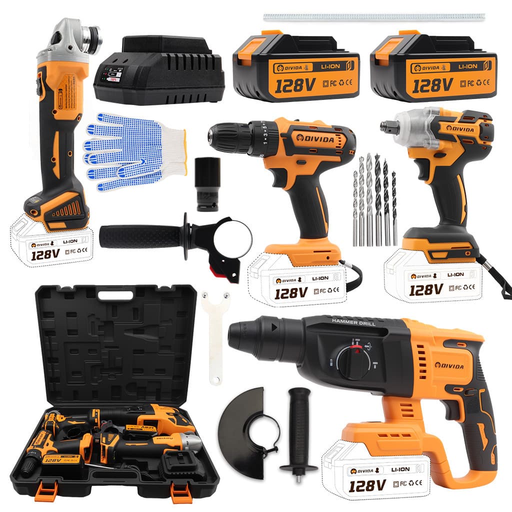 Kit 4 em 1 Ferramentas 128V – Furadeira, Parafusadeira de Impacto, Martelete e Esmerilhadeira com 2 Baterias e Maleta