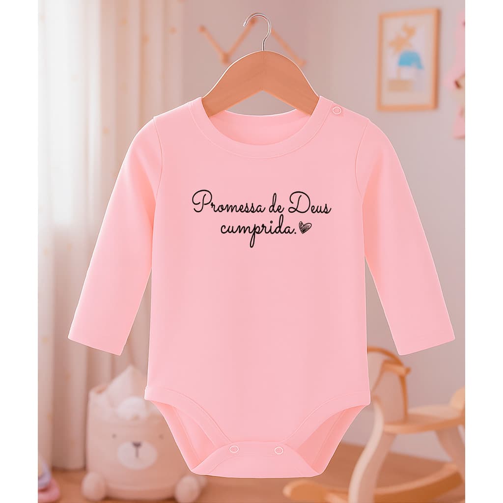 Body Bebê Frase "Promessa de Deus Cumprida" 100% Algodão Fio Egípcio Gravidez rosa