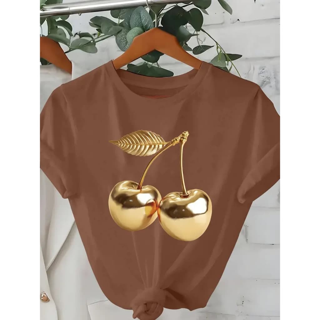 T-Shirt Feminina Camiseta Basica Algodão100% Estampa Cereja Gold Fashion e Moderna