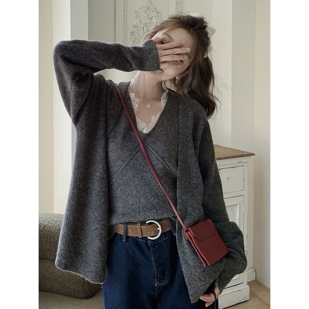 Camisola de malha cinza Cardigan terno 2025 primavera moda estilo coreano estilo preguiçoso moda colete terno de duas pe