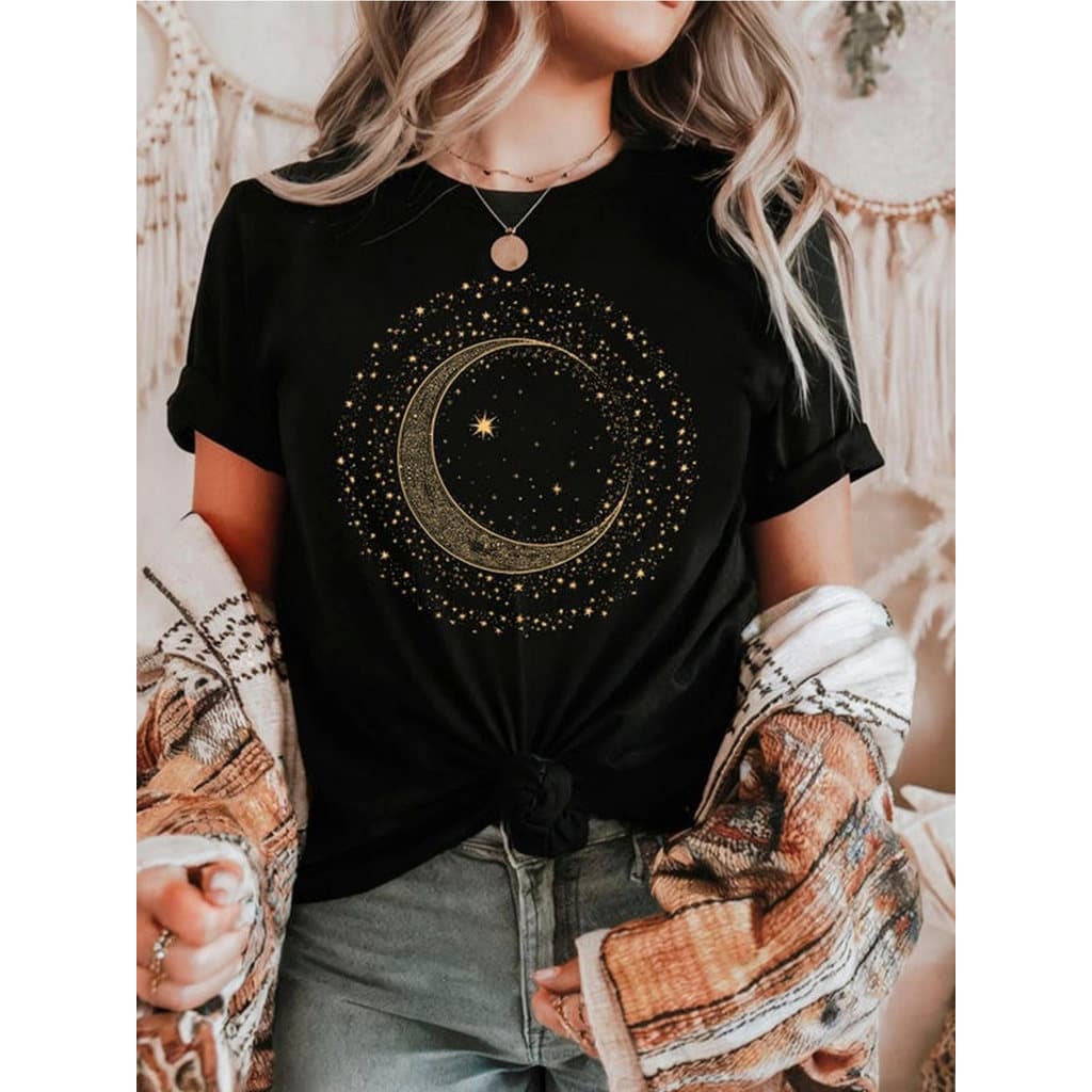 Tshirt Feminina Estilosa Camisa Estampada Círculo De Lua Lançamento Camiseta 100% Algodão Camisetão Solta Plus Siz
