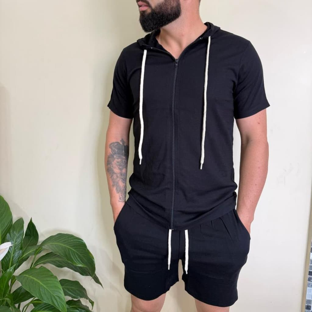 Conjunto Masculino Premium Viscolinho Preto | Short + Camisa c/ Capuz e Zíper
