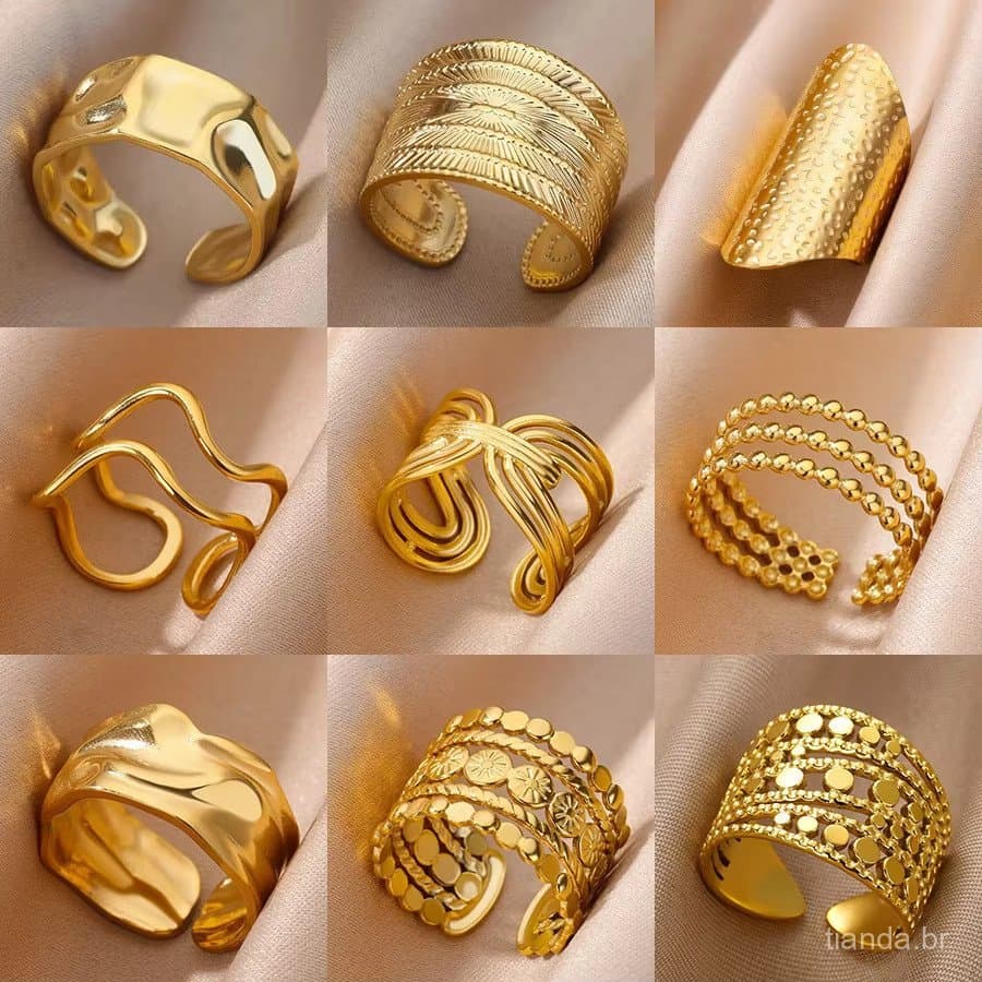 Anel de Aço Inoxidável Banhado a Ouro 18K, Aberto Ajustável, Joia de Casamento não irá descolorir