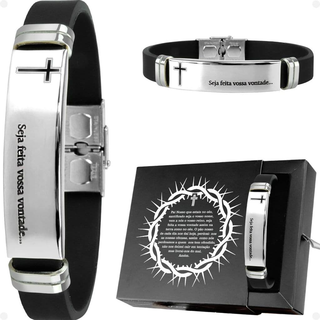 Pulseira Masculina Pai Nosso Placa Aço Inox + Caixa prata qualidade premium original estilosa casual