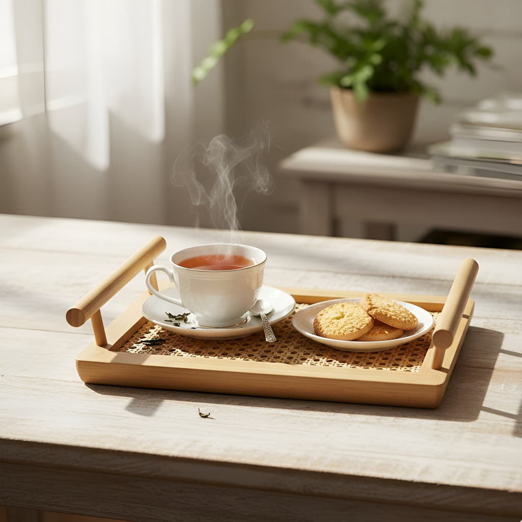Bandeja Bambu Com Alças 35cm Café Mesa Treliças Em Rattan