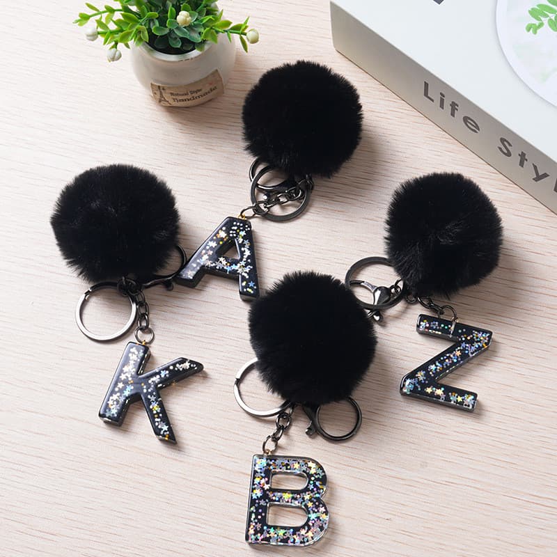 Folha Preta Carta Chaveiro Com Pompom Feminino Glitter Gradiente Resina Iniciais Alfabeto Bolsa