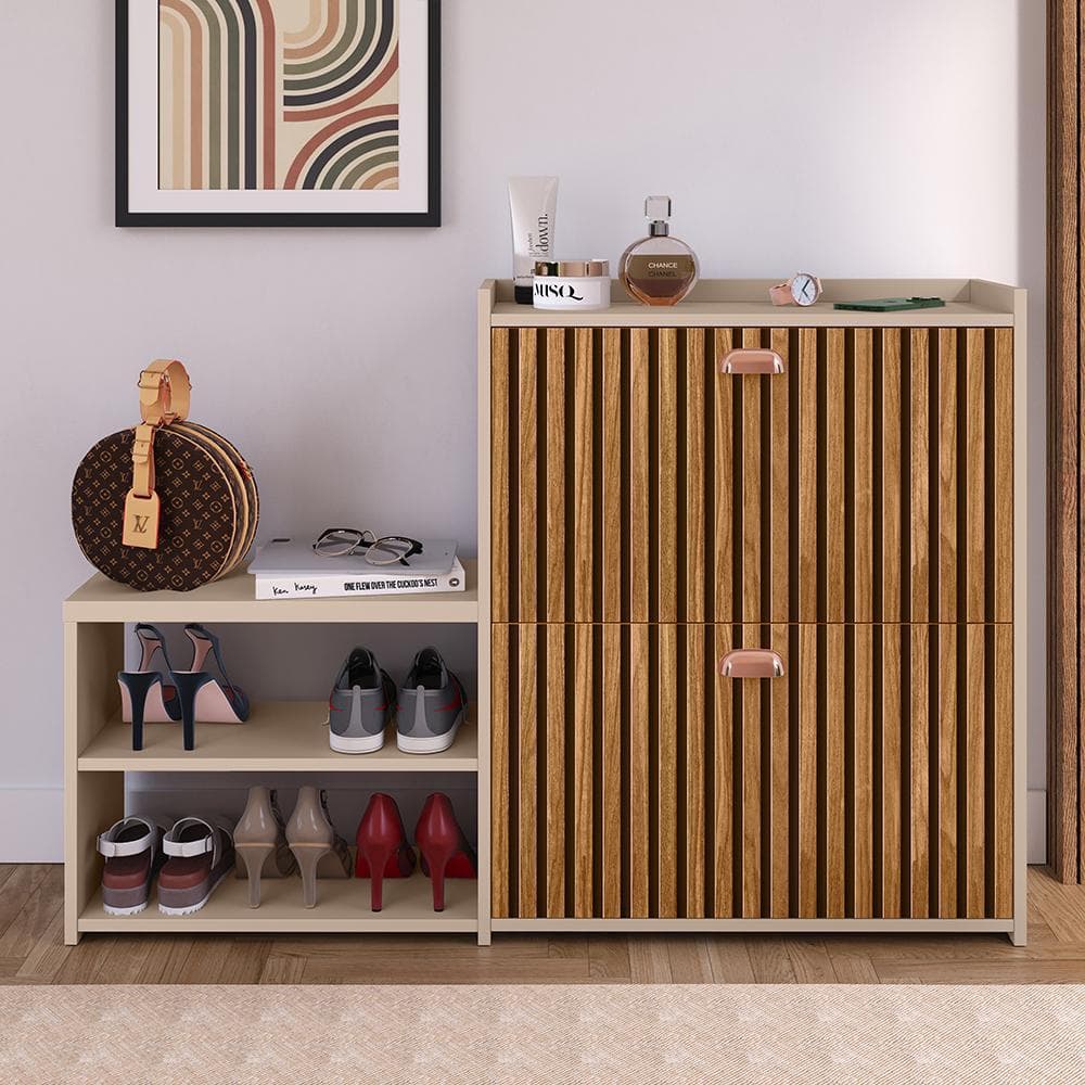 Sapateira 2 Portas Basculantes Organizadora 21 Pares de Sapato Banquinho para Quarto Hall de Entrada Closet MILANO