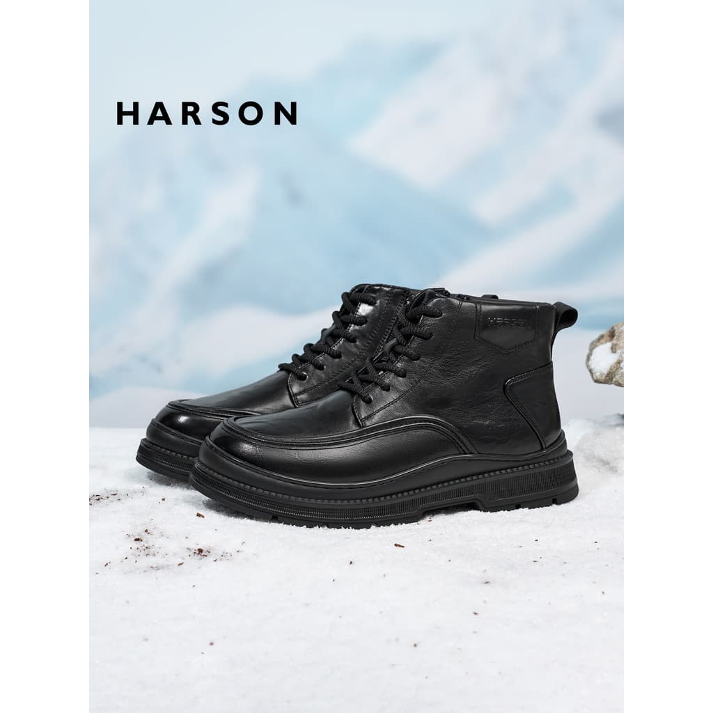 Hussen sapatos masculinos 2026 novo estilo de sola grossa couro genuíno Martin botas inverno forro de lã botas curtas ma